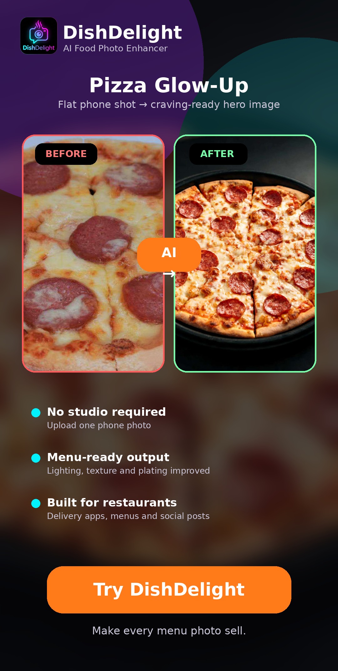 DishDelight pizza before and after AI menu photo enhancement