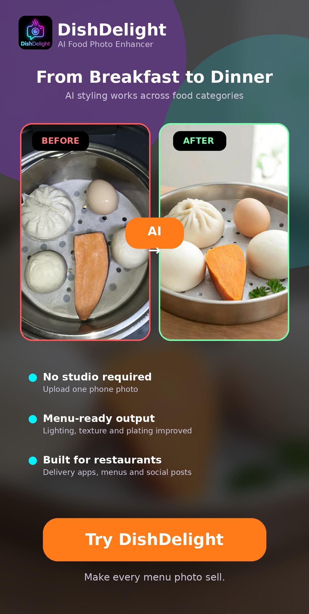 Steamed dishes before and after comparison in DishDelight